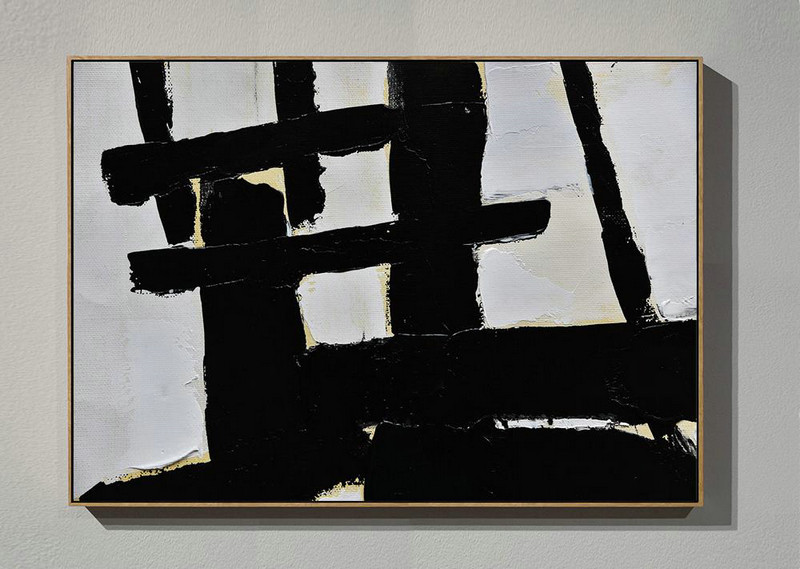Huge Abstract Canvas Art,Horizontal Palette Knife Minimal Canvas Art Painting Black White Beige - Modern Art Abstract Painting